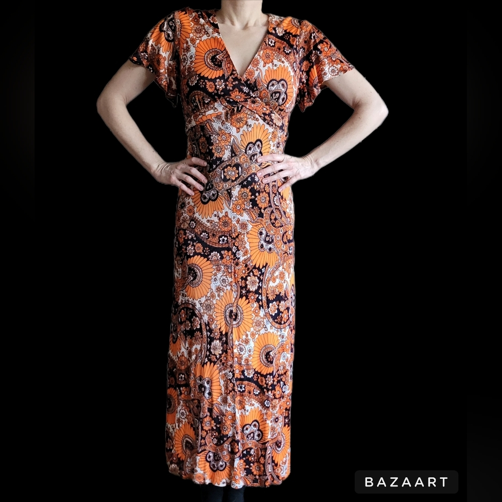 Vintage 1960's 1970's floral flutter sleeve maxi dress